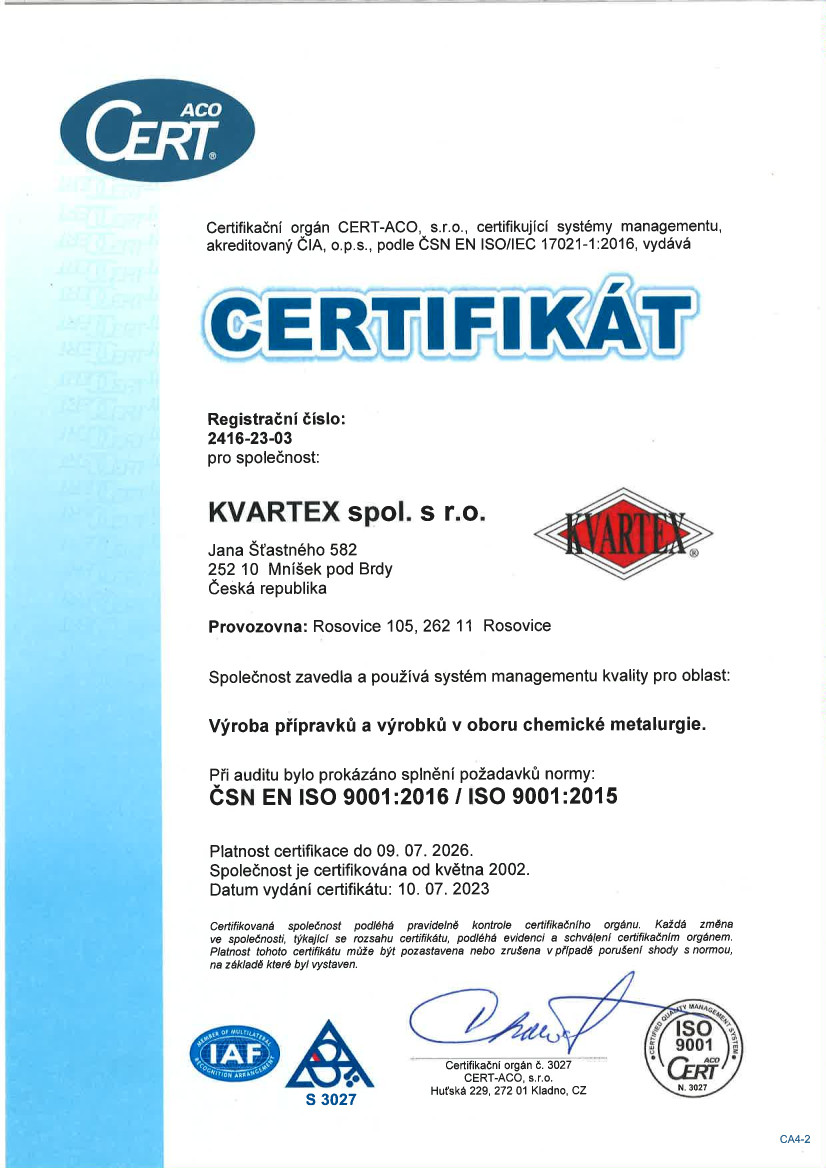 ISO 9001 Certifikát ISO 9001 Certifikát